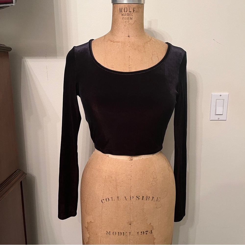 Blue Iridescent Velvet Long Sleeved Bodycon Cropped Long Sleeve Top